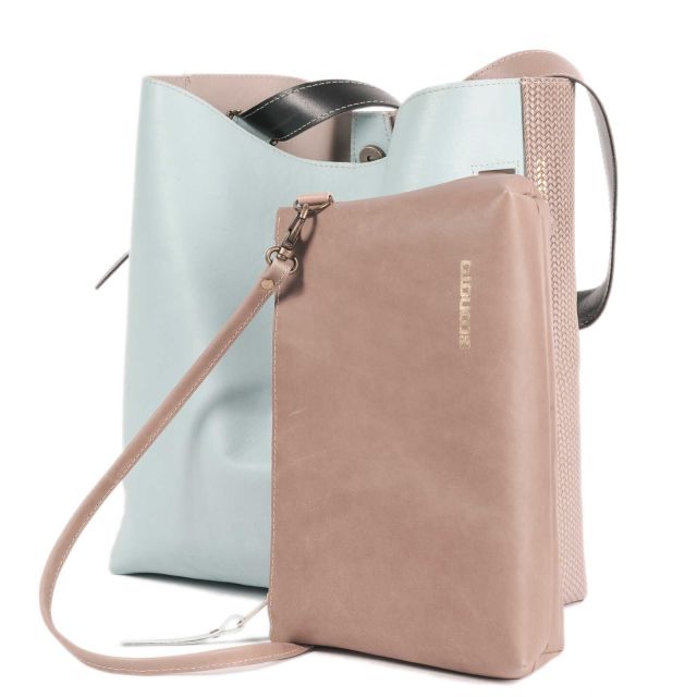 Schultertasche - CELINA | Rindsleder | acquablue & grey Strickoptik